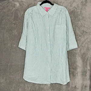 Woman Within 2X Shirt Top Blue Striped Button Up Short Sleeve Collared Cotton